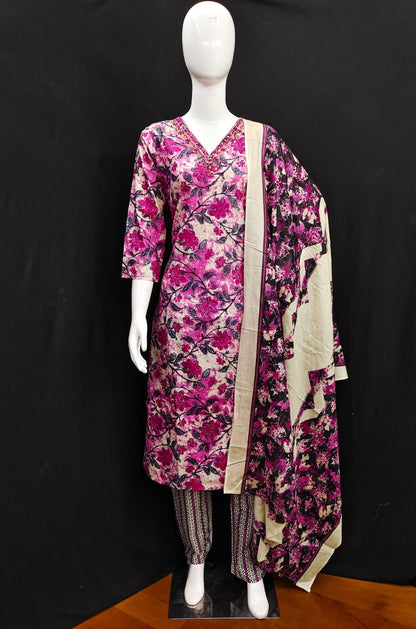 Cotton Kurti Pant Dupatta Set with Handwork and Mirror Detailing for Women