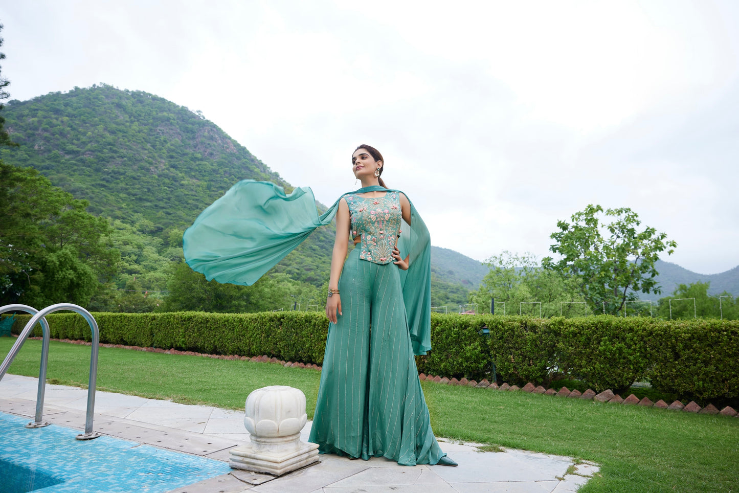 Lurex Chinon Chiffon Crop Top with Flared Divider and Chokar Dupatta – Heavy Handwork Set for Women