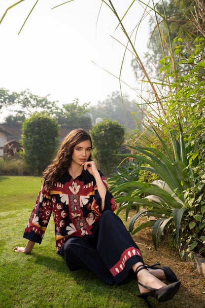 Cotton Poplin Oversized Co-Ord Set with Hand Brush Painted Design – Artistic Casual Wear for Women (Sizes 38 to 44)