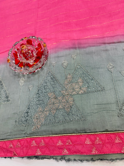 Omber Dual Shaded Designer Silk Saree with Embroidery Lace Work, Patchwork and Art Silk Blouse