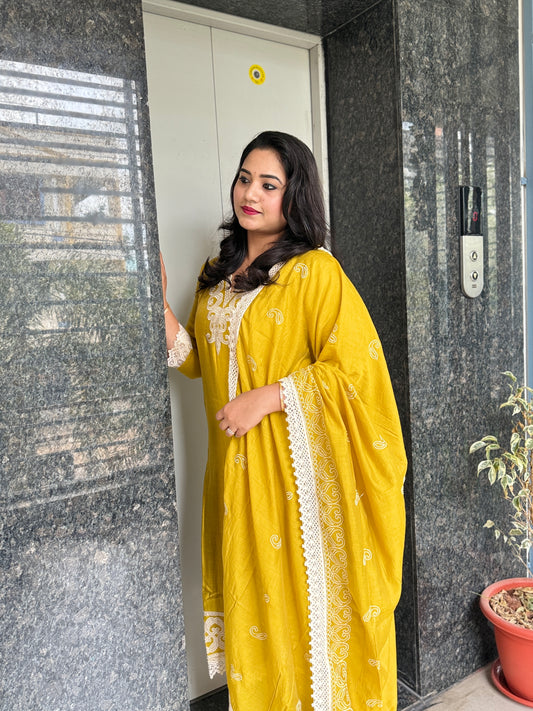 Mustard Roman Silk Kurta Set with Off-White Applique Work and Dupatta – 3-Piece Ethnic Set for Women