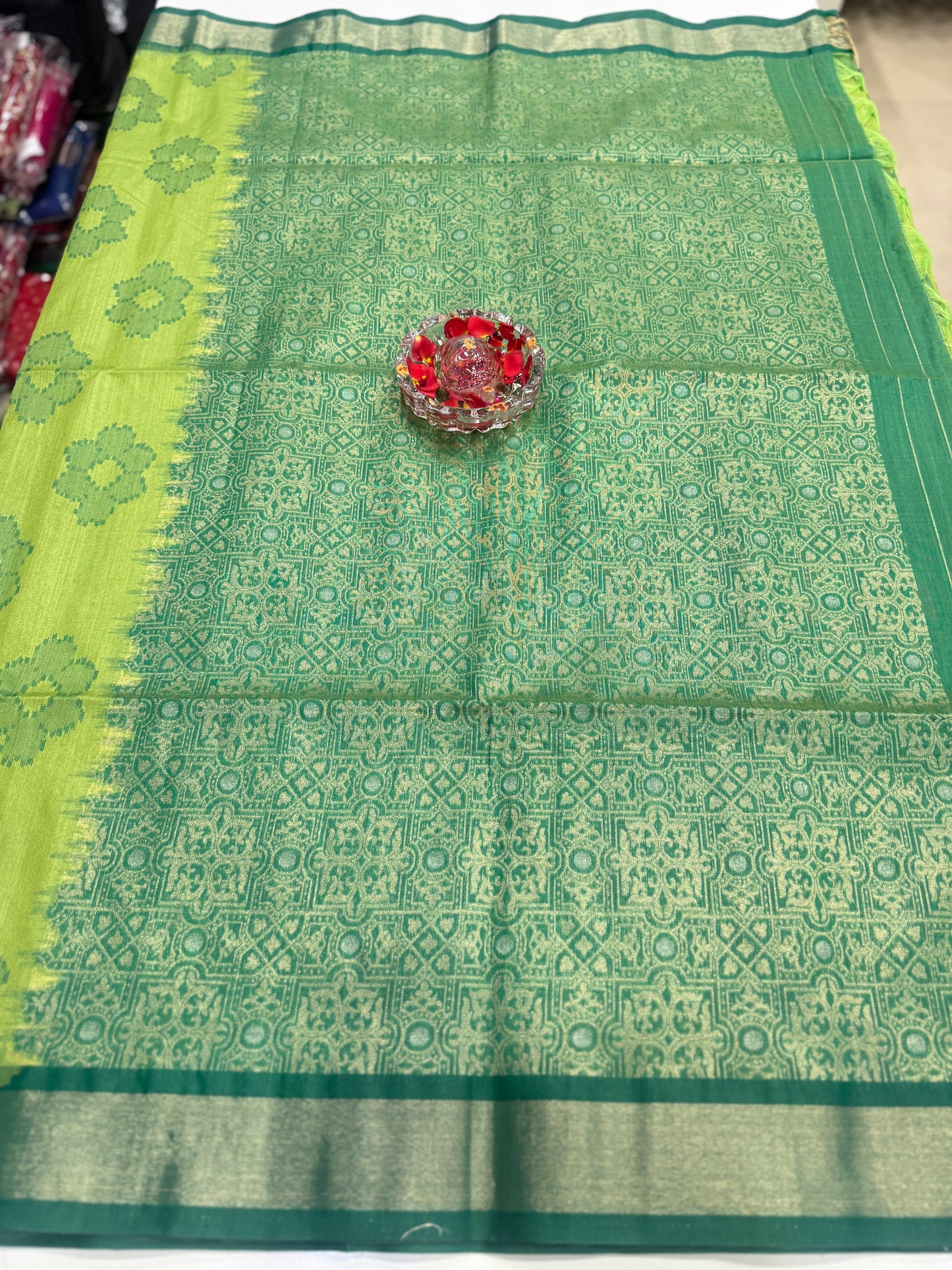 Women’s woven saree with butta motifs, contrast pallu border and tassel pallu, traditional wear, multiple colors