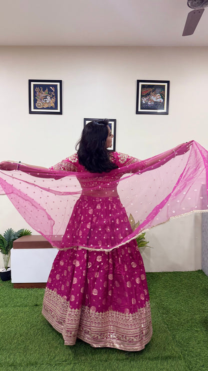 Viscose Jacquard Silk Embroidered Lehenga Choli with Dupatta for Women – Free Size Stitched