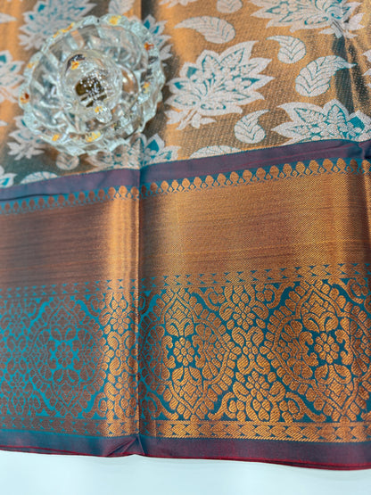 Bridal tissue saree for women with woven zari work and contrast border, kanchipuram style powerloom saree with blouse fabric