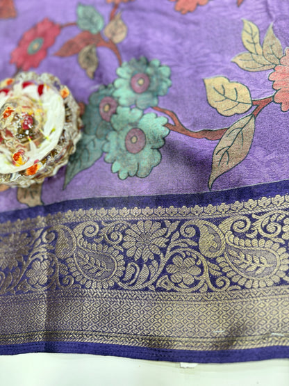 Silk blend printed saree with zari border and digital pallu print, 6.3m with running blouse, 6 color options