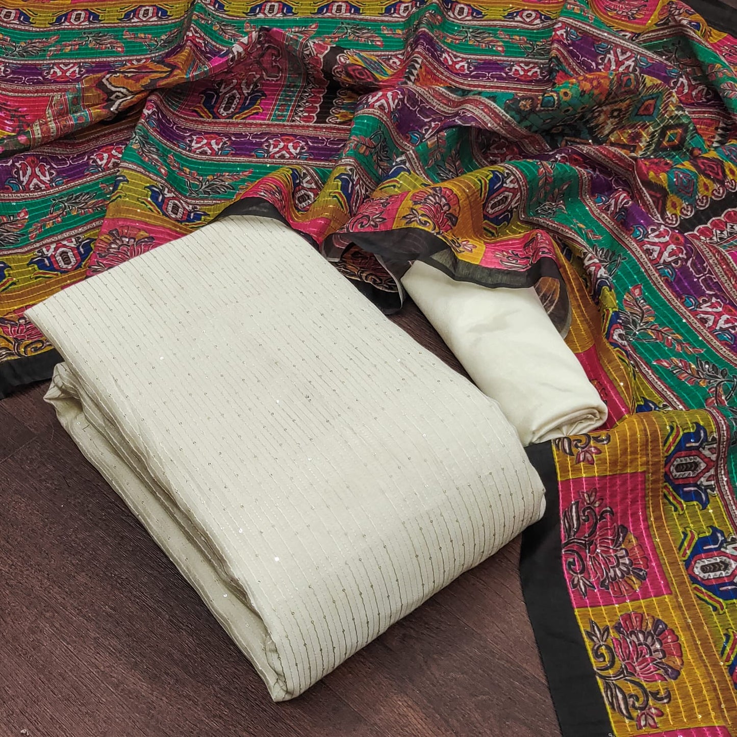 Unstitched Chanderi Dress Material with Crochet Work, Micro Fabric Bottom and Chanderi Digital Print Dupatta