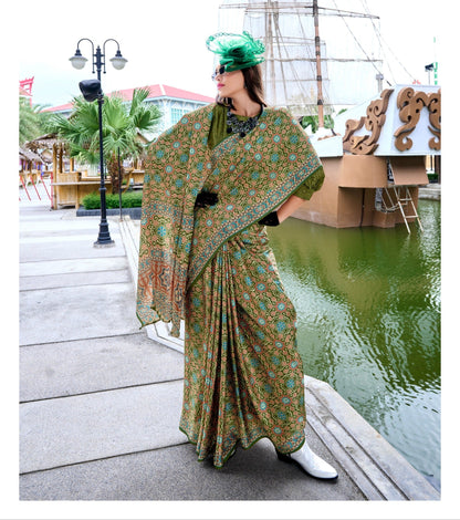 Pure Satin Silk Saree with Ajrakh Print – Festival and Traditional Wear Saree for Women