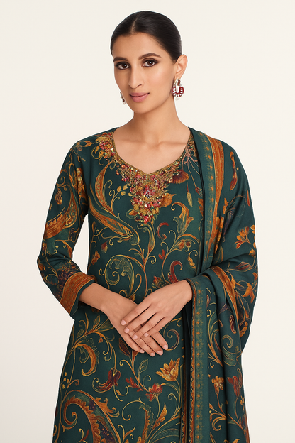 Natural Crepe Kurta Set with Mirror Handwork and Printed Viscose Dupatta – XL to 3XL Sizes