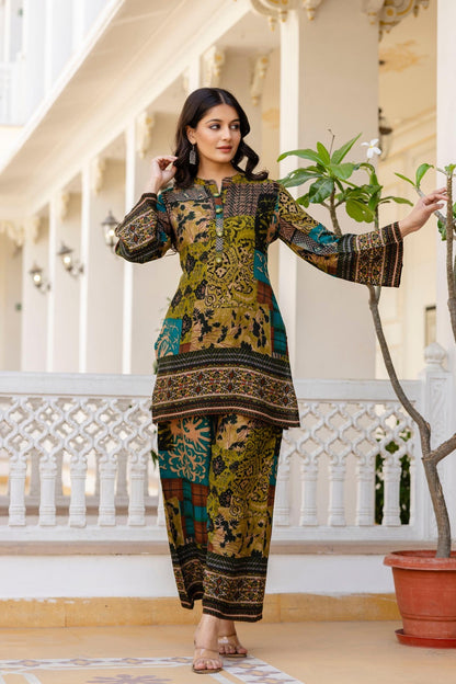 Pure Rayon Co-Ord Set with Floral Patch Digital Print, Kauri Buttons, and Flared Sleeves – Casual Fusion Wear for Women