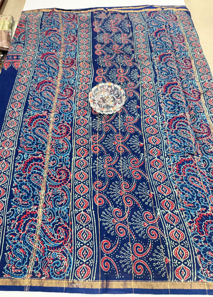 Pure Chanderi Silk Saree with Intricate Handblock Print and Blouse Piece – Traditional Wear for Women