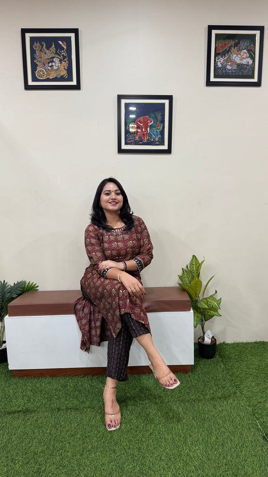 Pure Muslin Kurti Pant Set for Women with Golden Print | Elegant Daily & Festive Wear