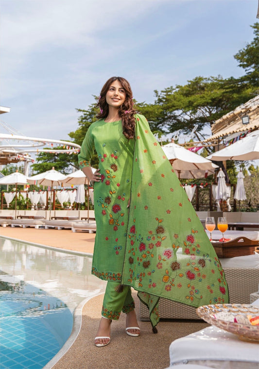 Modal Silk Kurti Pant Dupatta Set with Katha Embroidery and Jaam Silk Bottoms for Women – Plus Sizes