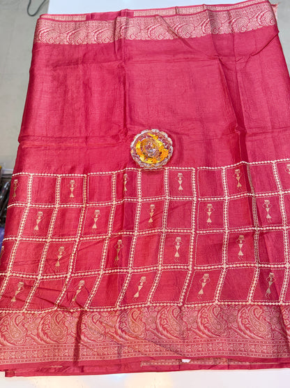 Pure Tussar Silk Jamdani Saree with Multicolor Zari Buta and Rich Pallu – Silk Mark Certified