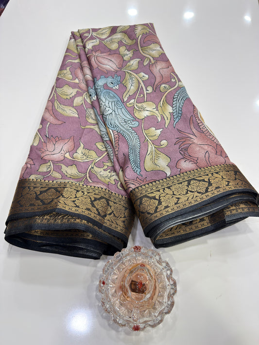 Silk blend printed saree with floral and bird motifs, zari border, women’s festive wear saree