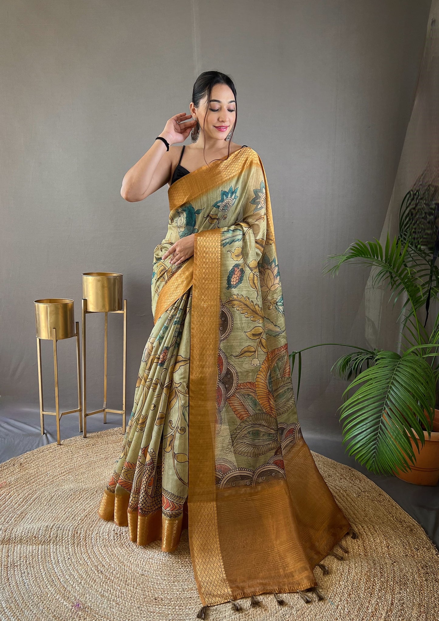 Tussar Silk Saree with Hand-Painted Style Kalamkari Print, Zari Border, and Contrast Blouse