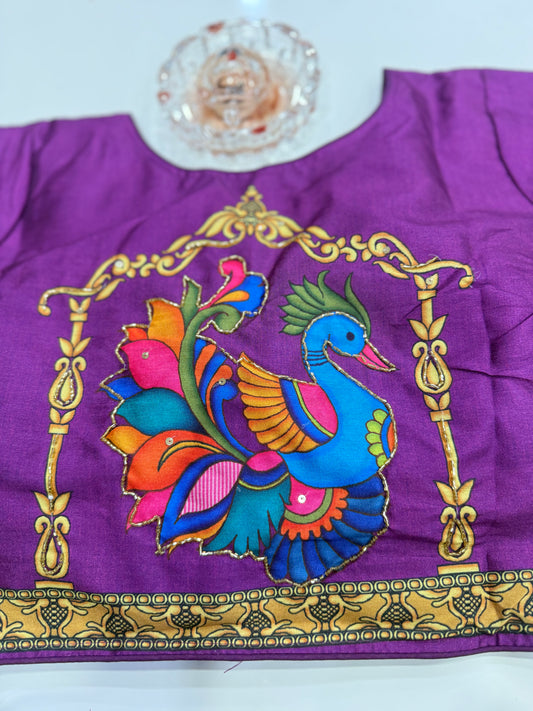 Silk printed readymade blouse for women with antique handcrafted work, size 38–42, short sleeve, saree blouse