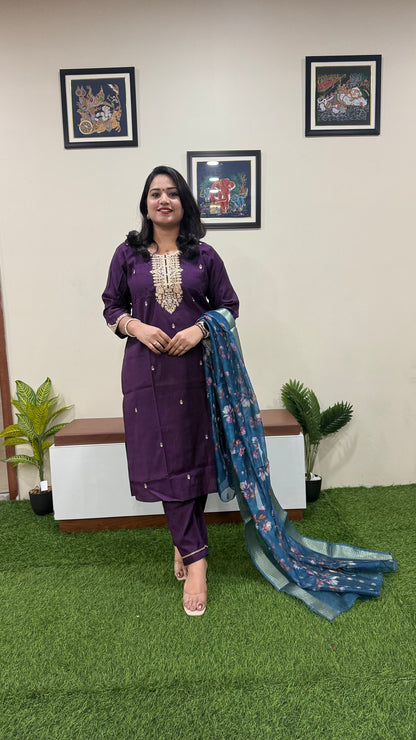 Vertican Silk Straight Cut Kurta Pant Dupatta Set with Organza Digital Print Dupatta – Sizes XL to 3XL