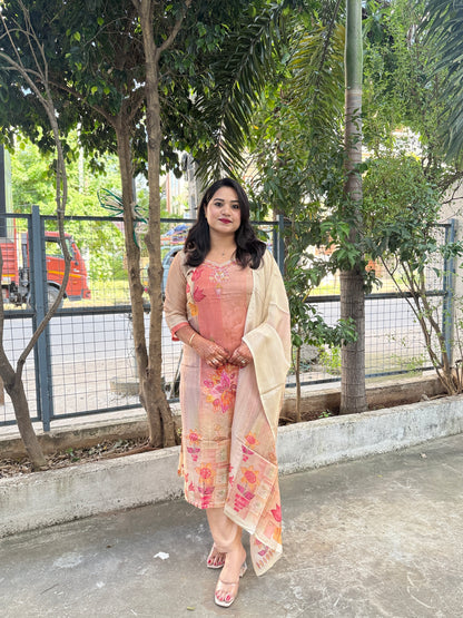 Pure Tissue Shimmer Kurta Set with Digital Print and Handwork – Kurti Pant Dupatta Set for Women