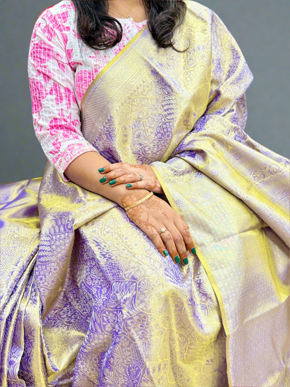 Borderless Handloom Pure Silk Saree in Silver and Purple with Zari Highlights – Bridal Wear