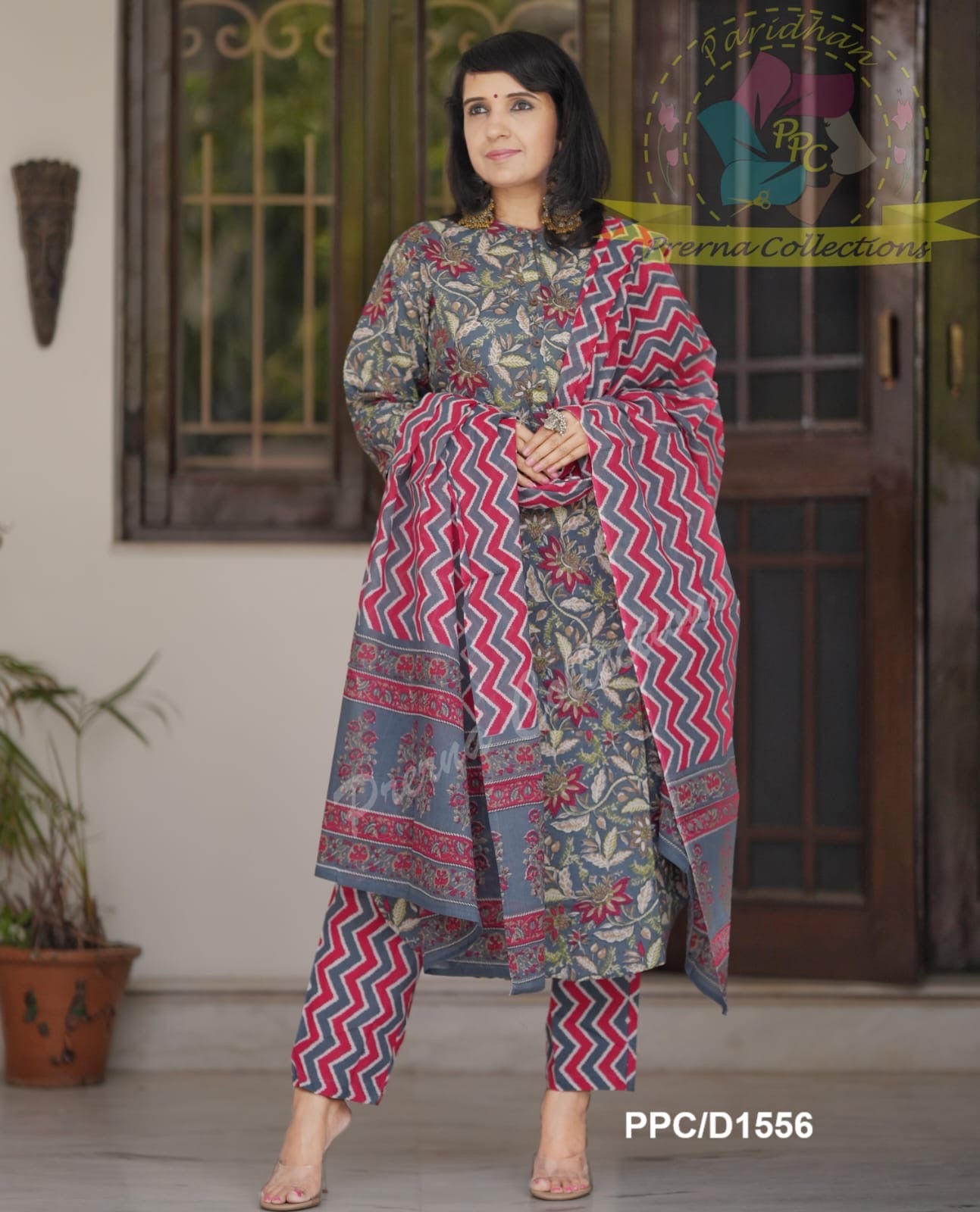 Pure Cotton Floral Kurti Pant Dupatta Set for Women – Printed 3-Piece Ethnic Wear – Sizes 36 38