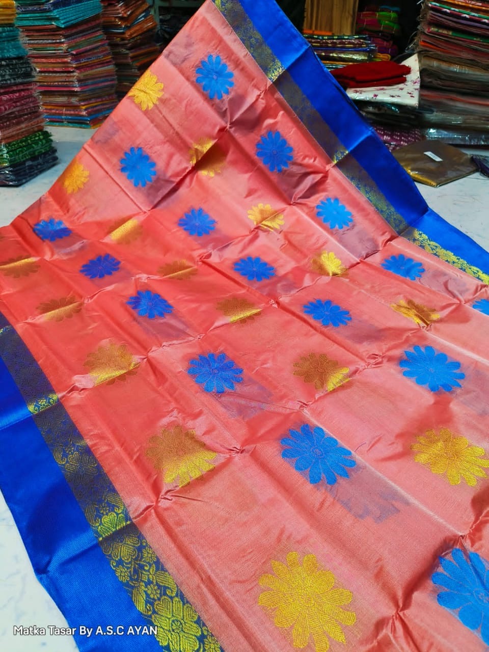 Matka Tussar Silk Saree with Golden Zari Weaving and Velvet Border