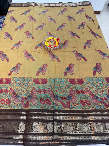 Venkatagiri style silk-blend printed saree with bird motifs and zari-style border, 6.3m women’s festive saree