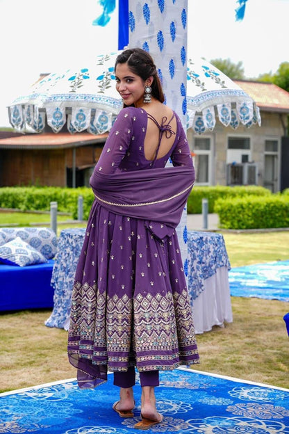 Purple Faux Georgette Embroidered Suit Set for Women with Lining – Sizes 42 and 44 Available