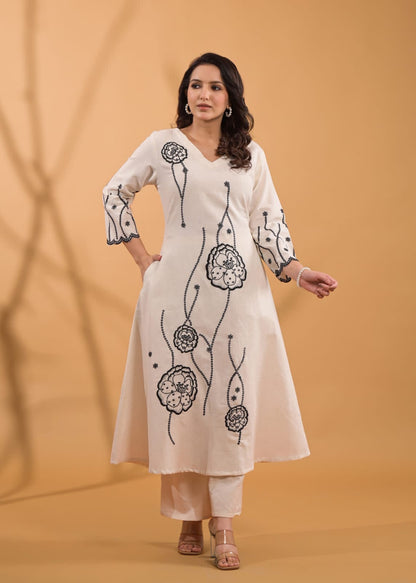 Flex Cotton Kurti Pant Set with Elegant Embroidery – Ethnic Daily Wear for Women (Sizes 38 to 46)