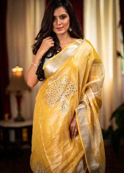 Pure Tissue Linen Saree with Exquisite Hand Work and Running Blouse Piece – Festive Wear