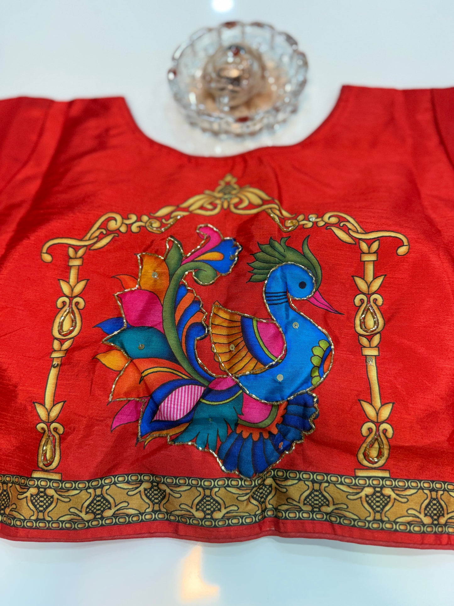 Silk printed readymade blouse for women with antique handcrafted work, size 38–42, short sleeve, saree blouse