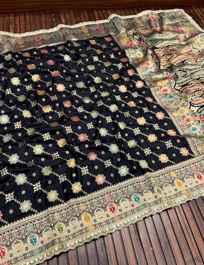 Masharu Silk Saree with Lakhnavi Meena Jacquard Weaving and Contrast Embroidered Blouse