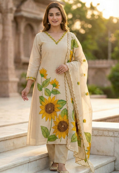 Embroidered Jamdani Kurta Pant Dupatta Set for Women with Lining, Cream