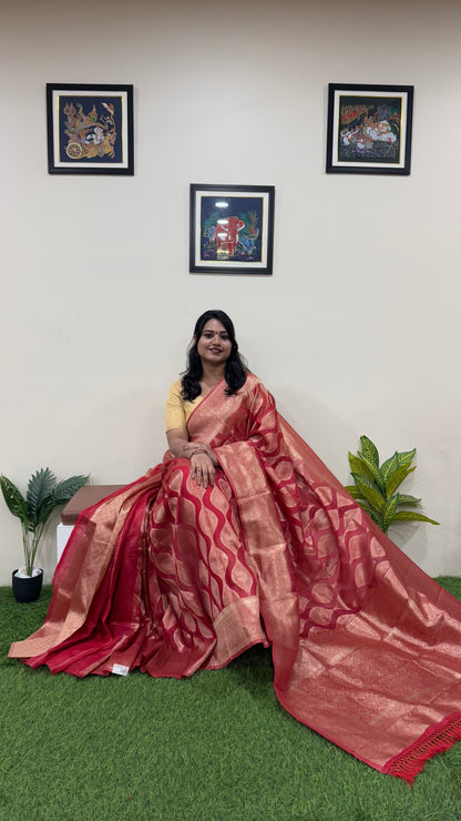 Red Organza Silk Saree with Zari Weaving and Contrast Border for Women