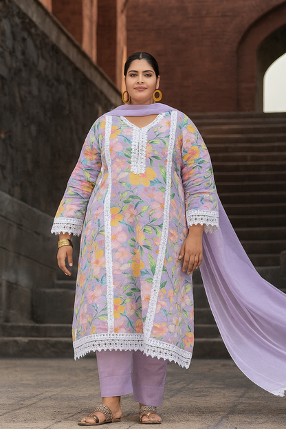 Linen Cotton Kurti Pant Set with Nazmin Dupatta and Lace Work – Plus Sizes Available