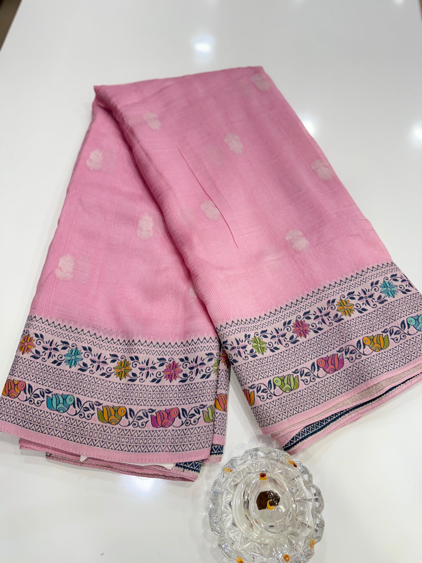 Pure Kora Silk Banarasi Meena Zari Weaving Saree with Blouse Piece – Pink Traditional Festive Wear