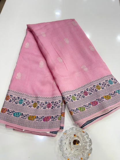 Pure Kora Silk Banarasi Meena Zari Weaving Saree with Blouse Piece – Pink Traditional Festive Wear