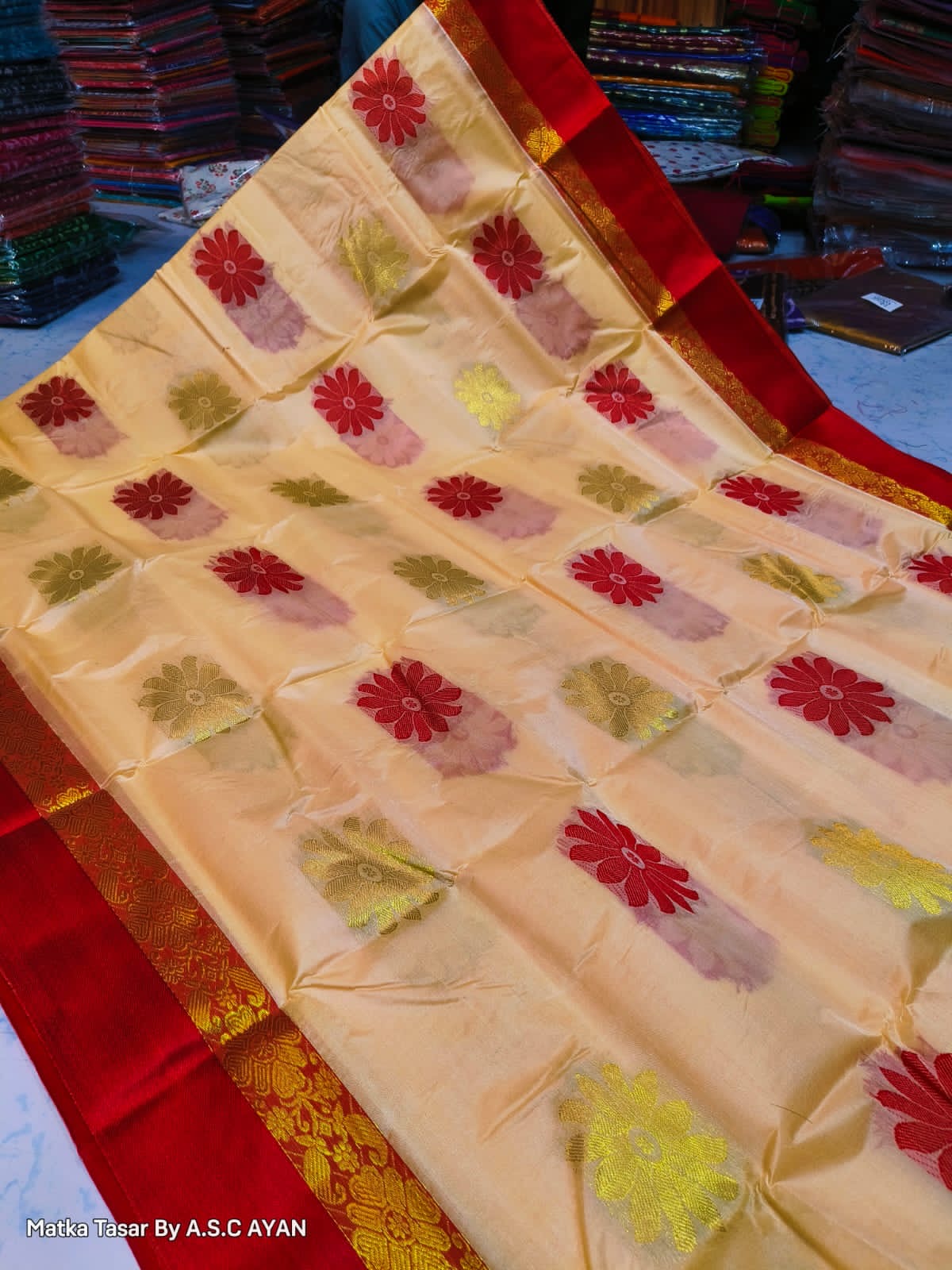 Matka Tussar Silk Saree with Golden Zari Weaving and Velvet Border