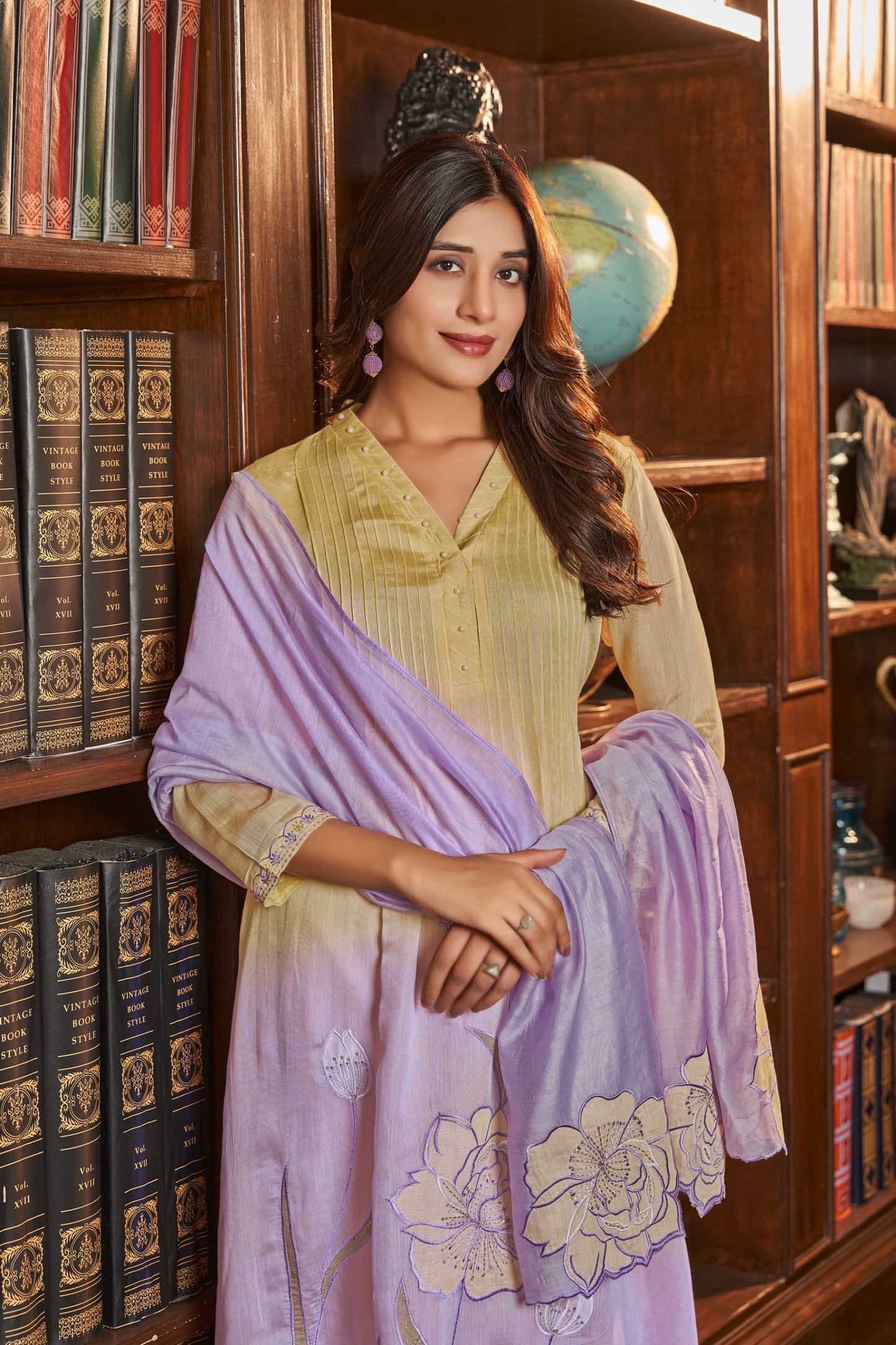 Mal Chanderi Kurta Pant Dupatta Set with Ethnic Detailing Work for Women