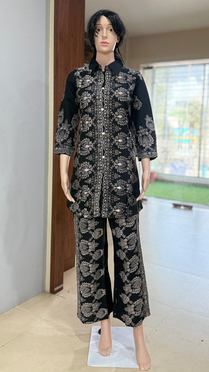 Inweaved cotton dobby co ord set for women with floral woven design, collared top and pant set, sizes 38 to 44