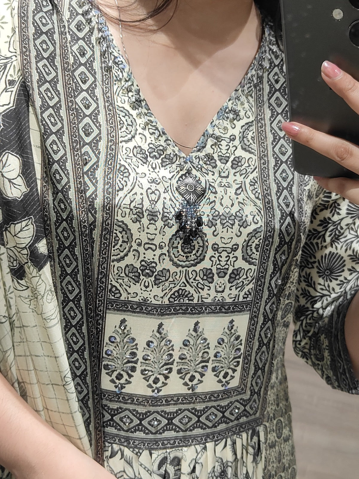 Women’s digital viscose silk kurta set with shantoon pant and muslin dupatta, sequin moti handwork, size 38–44