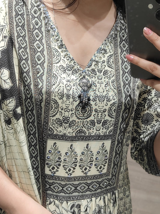 Women’s digital viscose silk kurta set with shantoon pant and muslin dupatta, sequin moti handwork, size 38–44