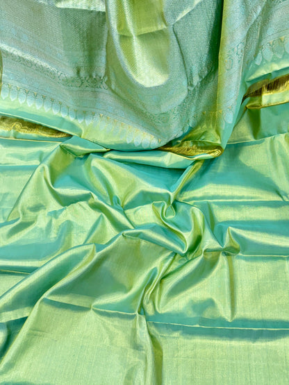 Handloom Borderless Pure Silk Saree in Sea Green with Zari Weaving – Elegant Bridal Saree