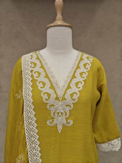 Mustard Roman Silk Kurta Set with Off-White Applique Work and Dupatta – 3-Piece Ethnic Set for Women