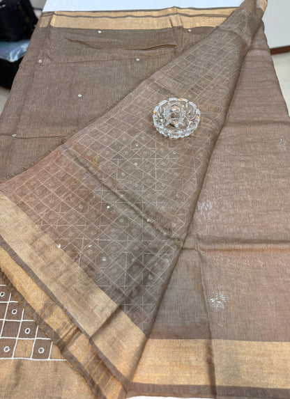 Pure Tissue 150 Count Linen Handloom Saree with Handwork and Running Blouse for Women