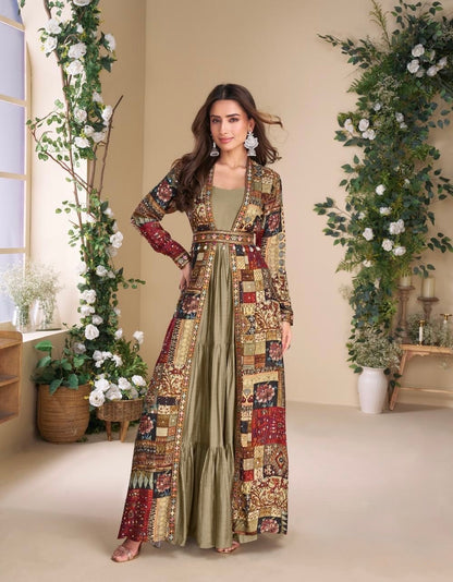 Real Georgette Gown with Hand-Embroidered Real Silk Shrug – Janvi 2-Piece Set for Women (Free Size)