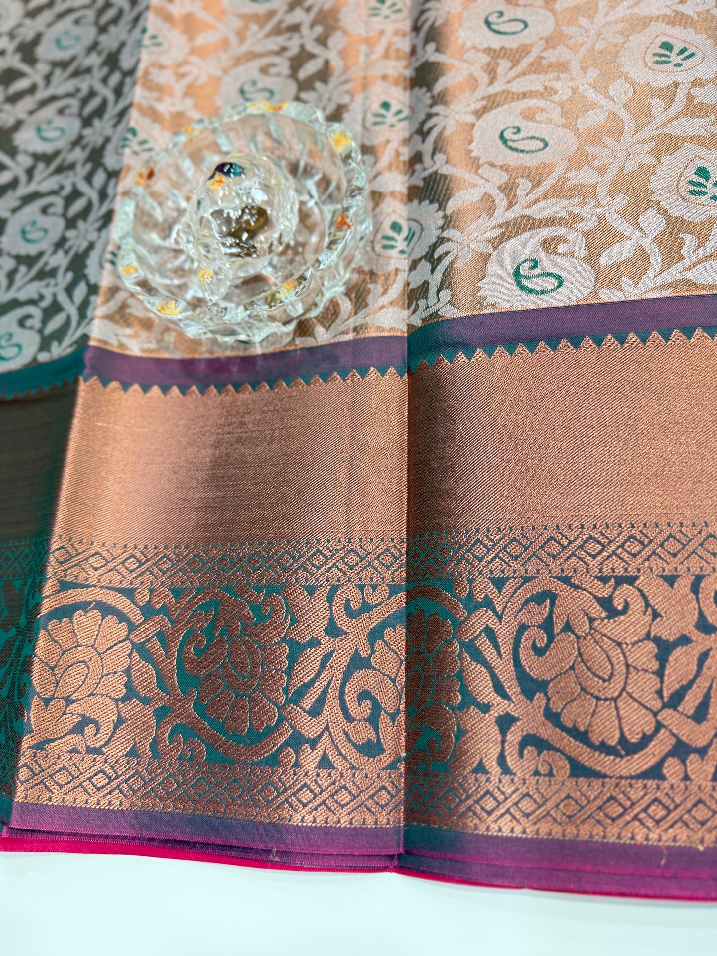 Bridal tissue saree for women with woven zari work and contrast border, kanchipuram style powerloom saree with blouse fabric