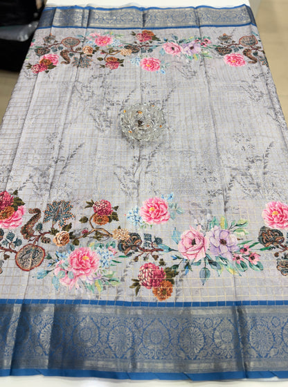 Printed handloom georgette saree for women with woven border and floral design