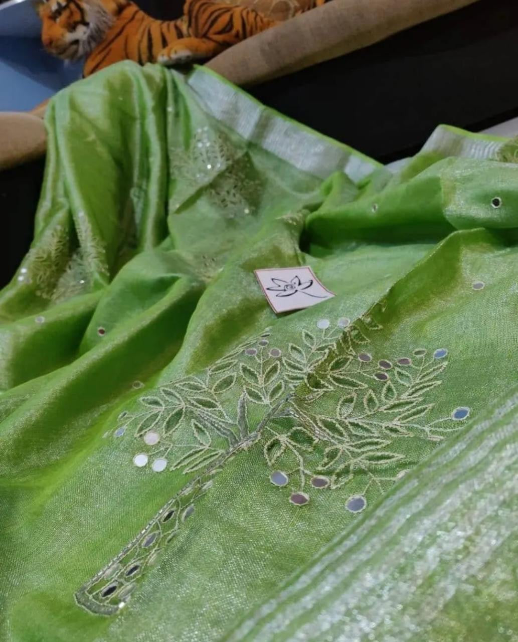 Pure Tissue Linen Saree with Handwork and Matching Blouse Piece for Women