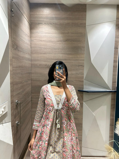 Printed Cotton Kurta Pant Dupatta Set with Lace Detailing and Kota Doria Dupatta for Women