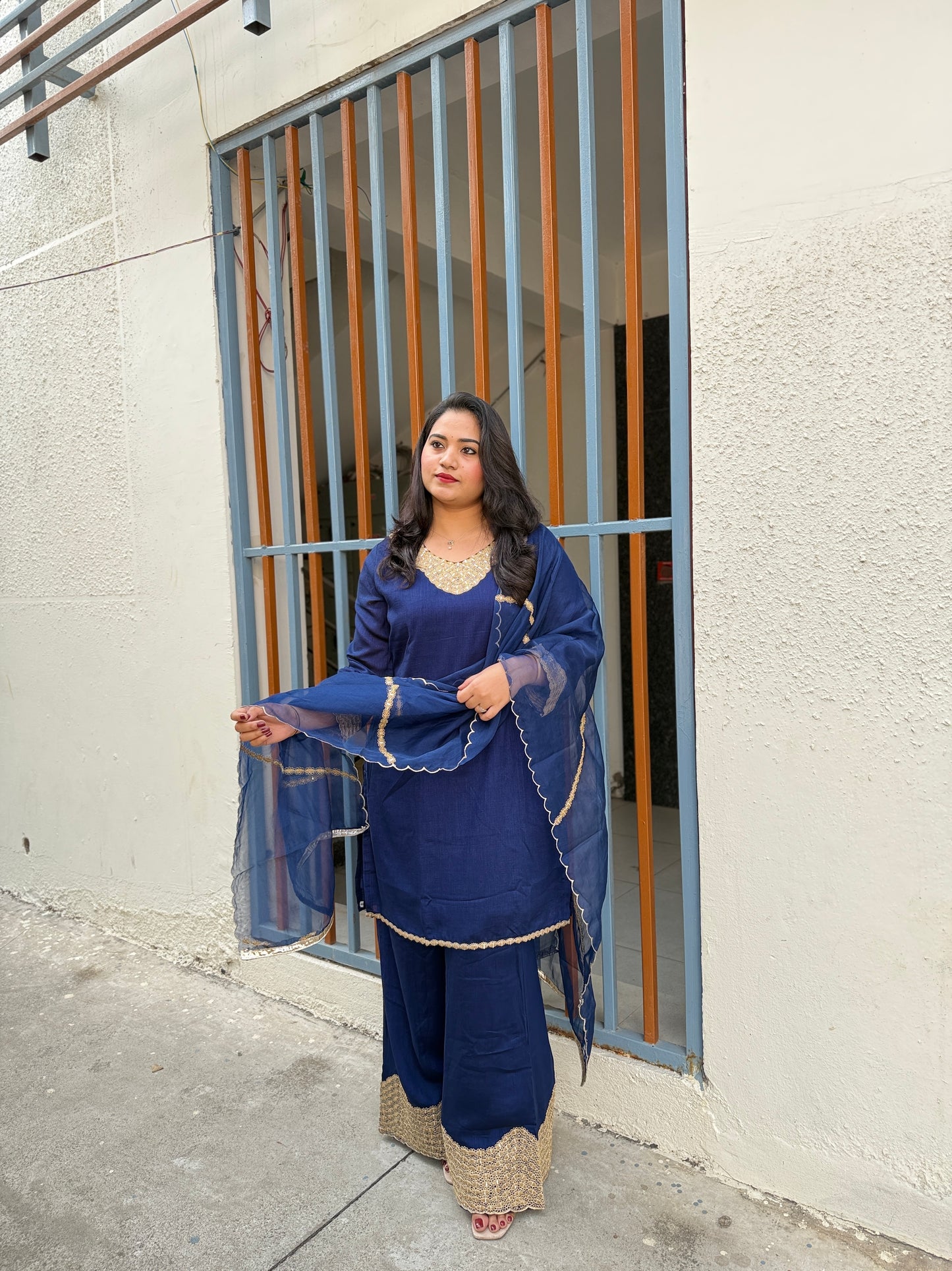 Royal Blue Real Silk Embroidered Kurta Sharara Dupatta Set for Women – Festive and Party Wear Designer Outfit (XL)